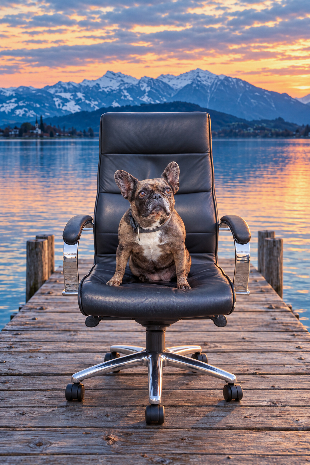 Malu, Bürohund des Speerblick Verlags, sitzt auf einem Bürostuhl am Steg